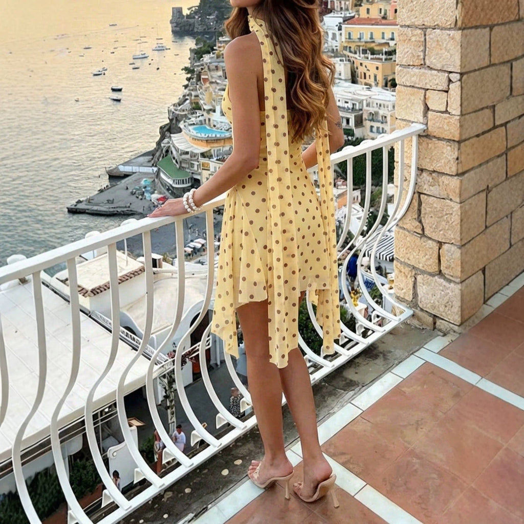New Strap Halter Dress With Ribbon And Polka-dot Print For Women - IVOIRART.COM