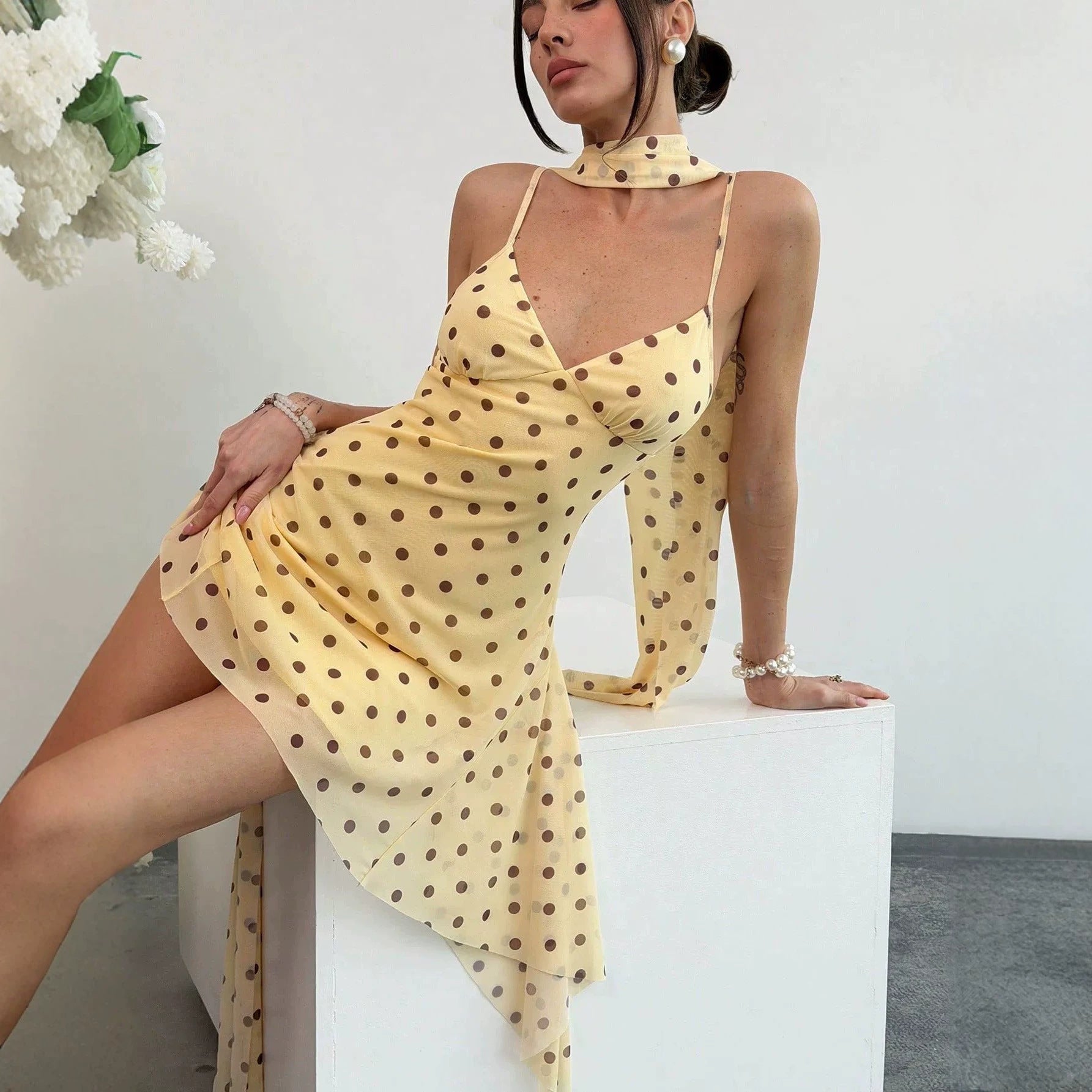 New Strap Halter Dress With Ribbon And Polka-dot Print For Women - IVOIRART.COM