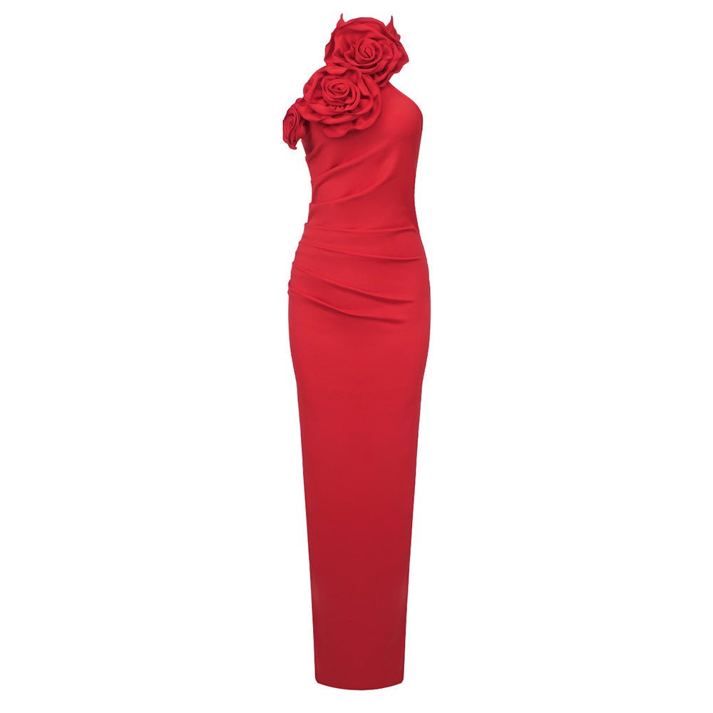 New Style Robe longue halter à ruban et fleur blanche, dos nu, taille élastique! - IVOIRART.COM