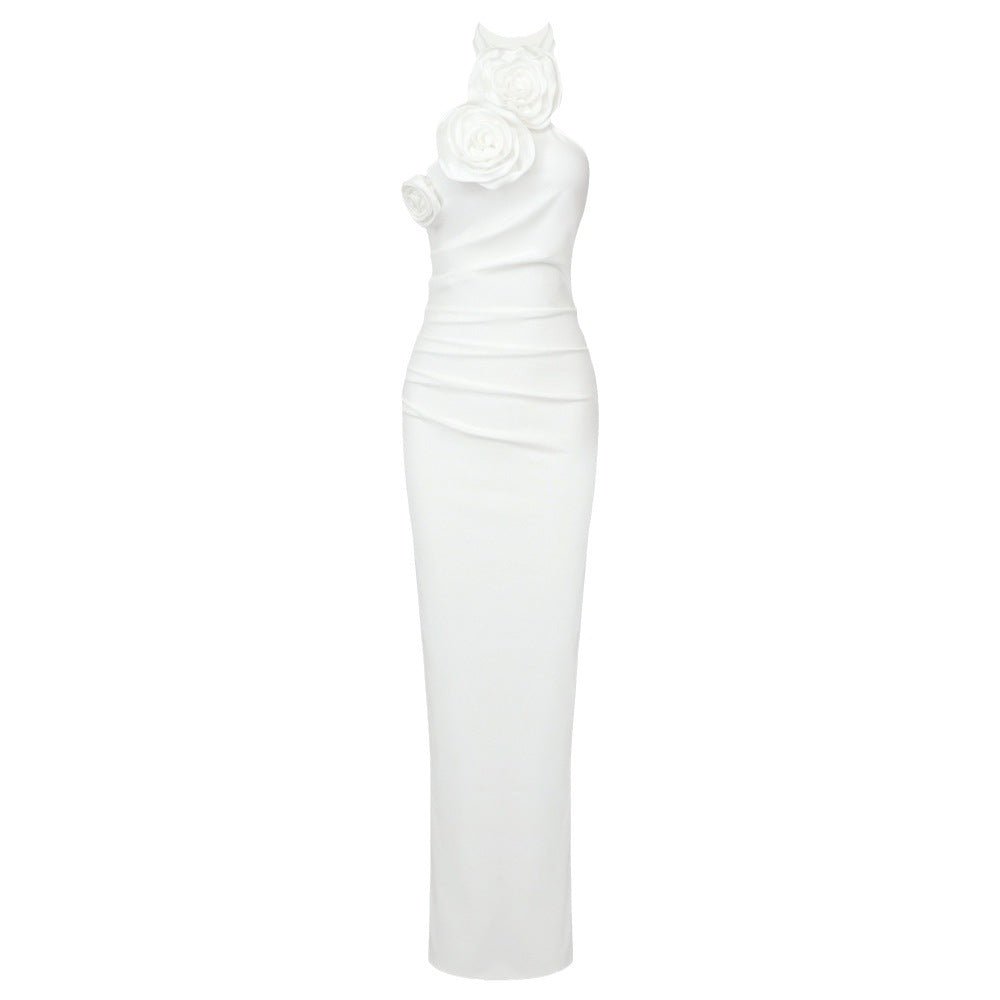 New Style Robe longue halter à ruban et fleur blanche, dos nu, taille élastique! - IVOIRART.COM