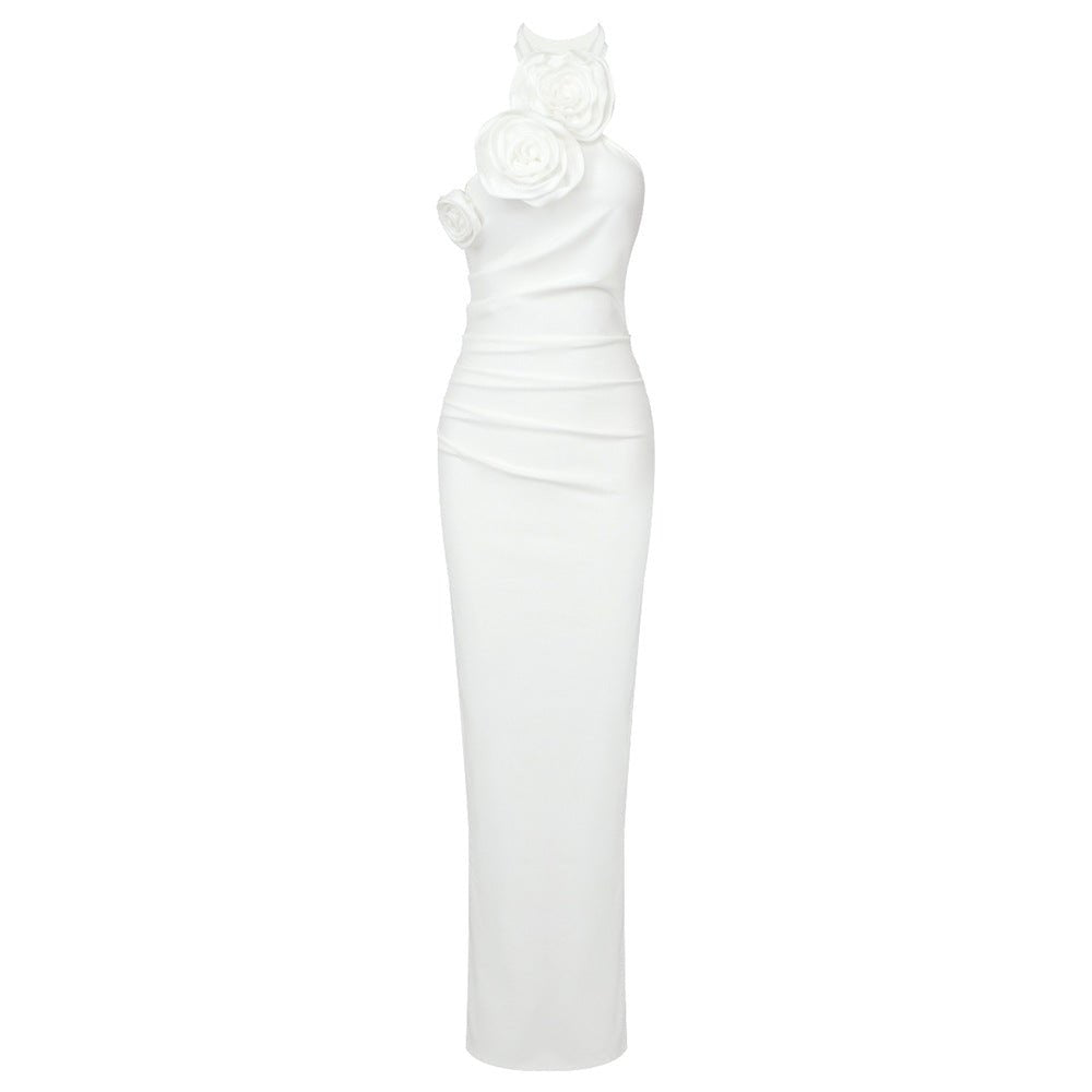 New Style Robe longue halter à ruban et fleur blanche, dos nu, taille élastique! - IVOIRART.COM