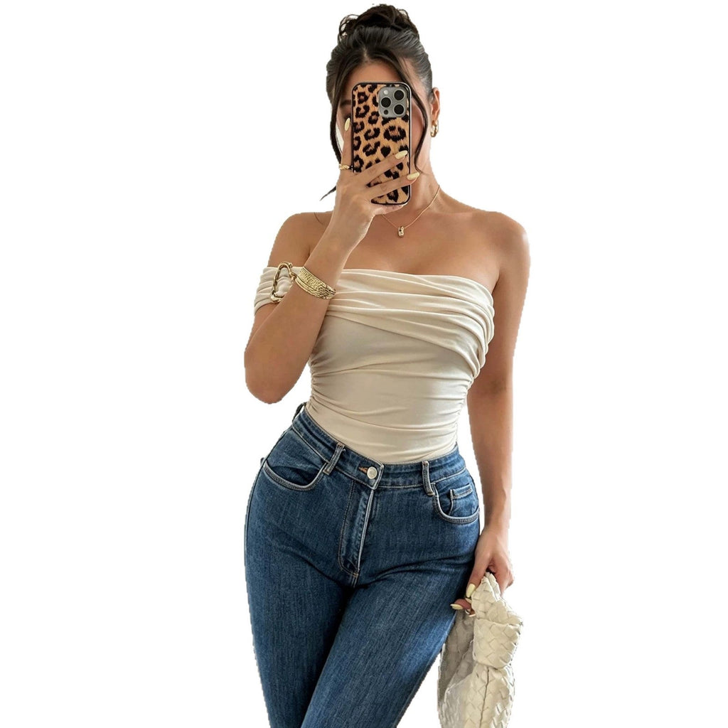 New Women's Elegant Off-Shoulder Pleated Jumpsuit with Metal Buttons - Beige A12 - IVOIRART.COM