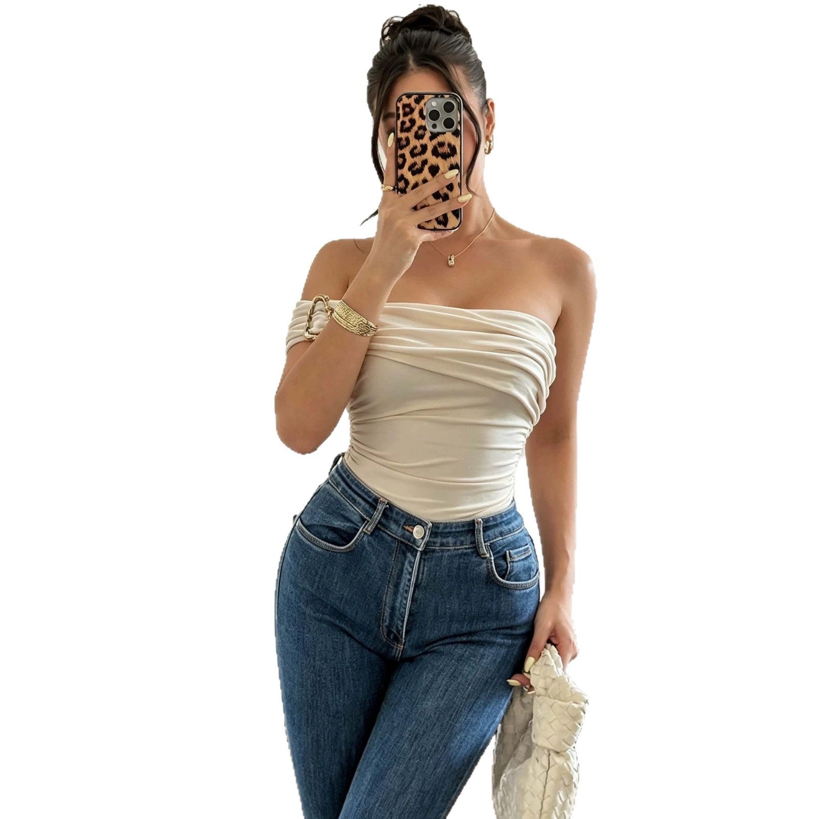 New Women's Elegant Off-Shoulder Pleated Jumpsuit with Metal Buttons - Beige A12 - IVOIRART.COM