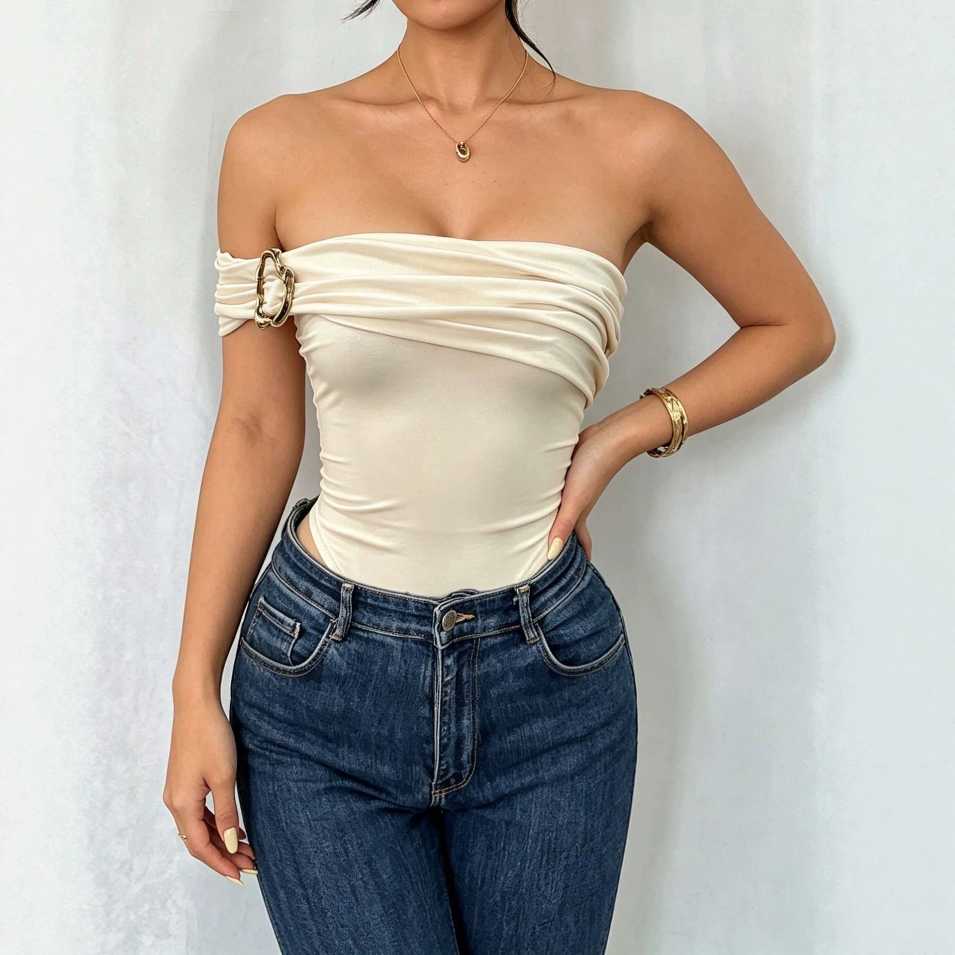 New Women's Elegant Off-Shoulder Pleated Jumpsuit with Metal Buttons - Beige A12 - IVOIRART.COM