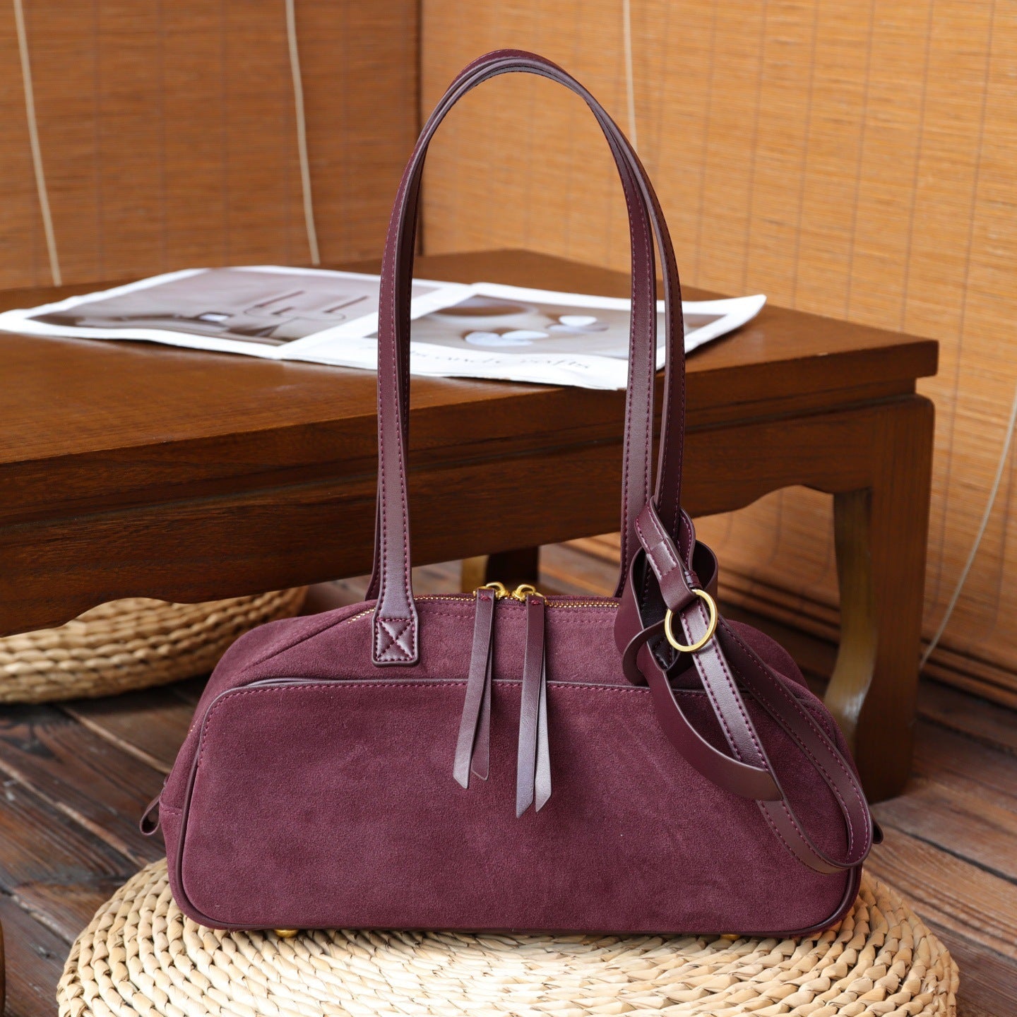 Niche Sac Bowling Mat en Cuir Vachette pour Femme - Grand Boston, Cuir Véritable - IVOIRART.COM