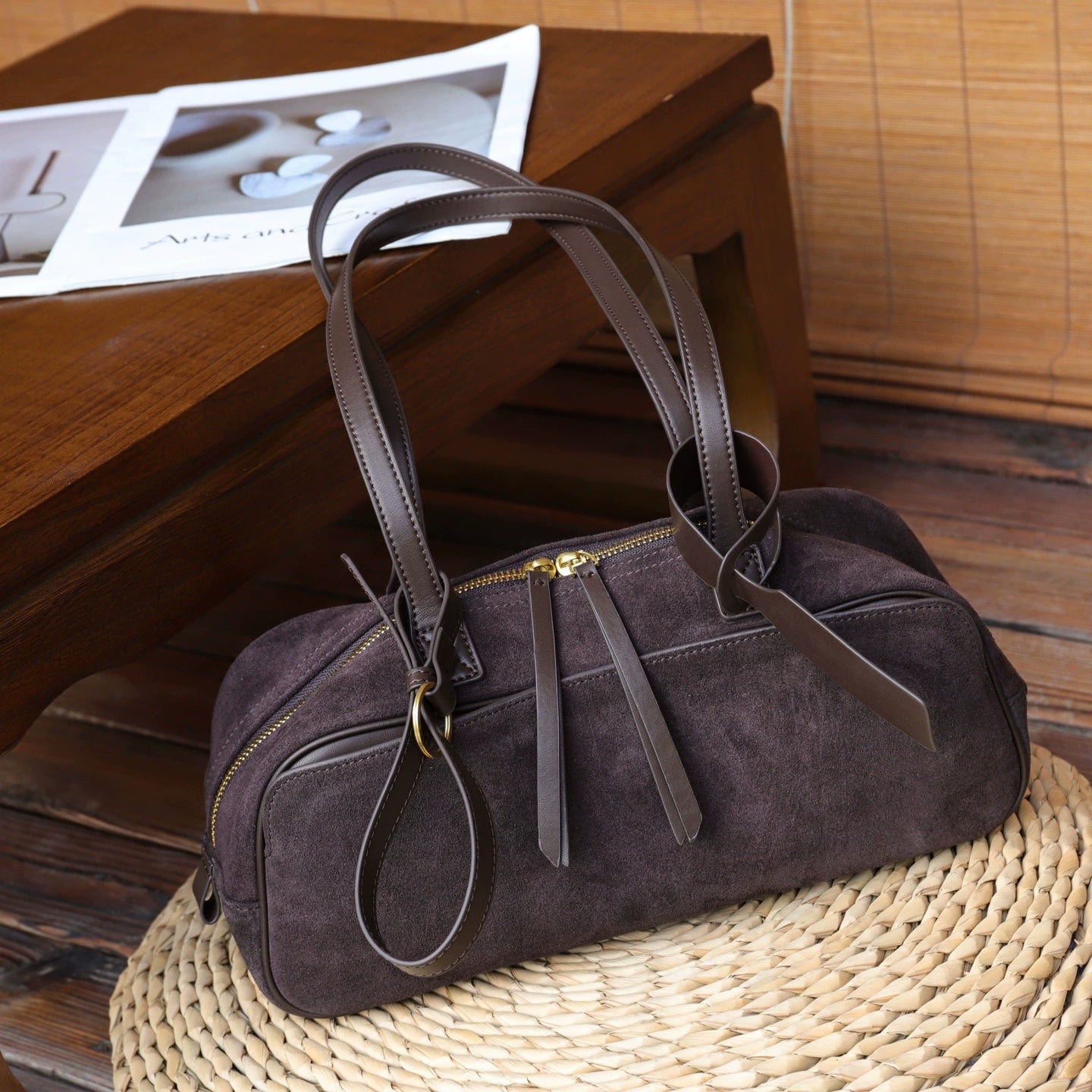 Niche Sac Bowling Mat en Cuir Vachette pour Femme - Grand Boston, Cuir Véritable - IVOIRART.COM