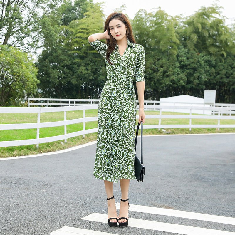Nouveau Automne/Hiver Robe col à revers velours moutarde imprimé floral élégante - IVOIRART.COM