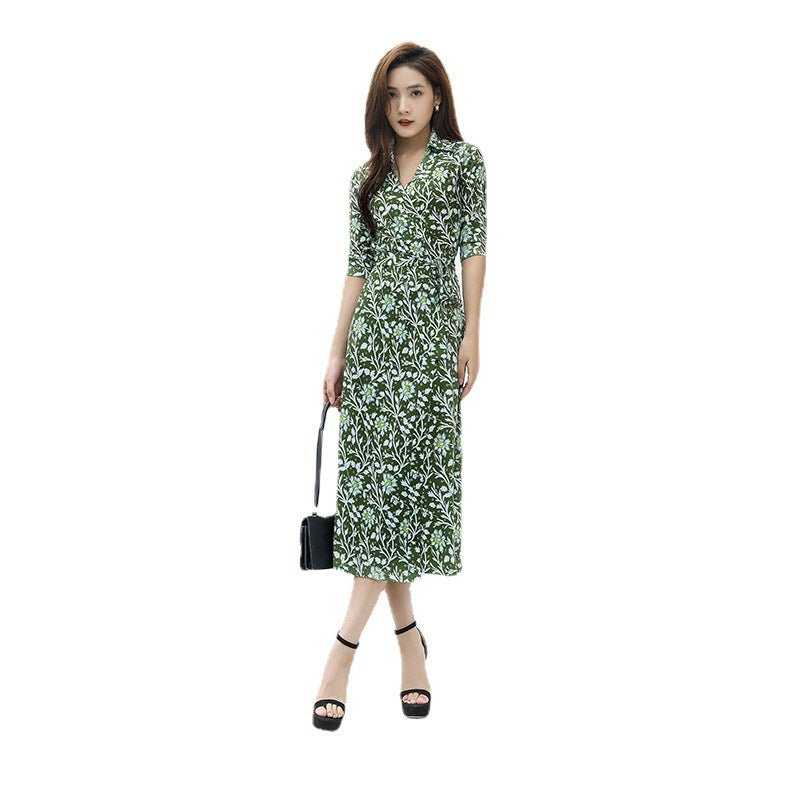 Nouveau Automne/Hiver Robe col à revers velours moutarde imprimé floral élégante - IVOIRART.COM