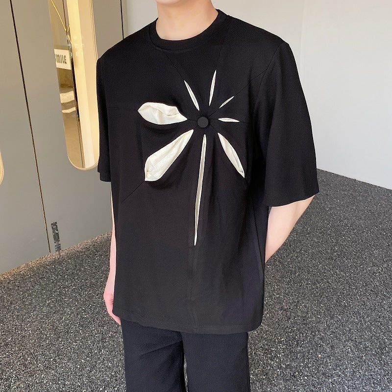 Nouveau T-shirt à Manches Courtes à Motifs Abstraits en Relief pour Jeunes Urbains Sombres - IVOIRART.COM
