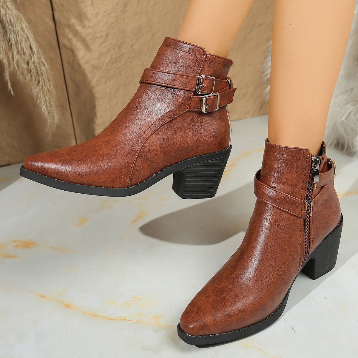 Nouveaux Bottines Cheville Automne à Boucle de Ceinture en Cuir pour Femme - IVOIRART.COM