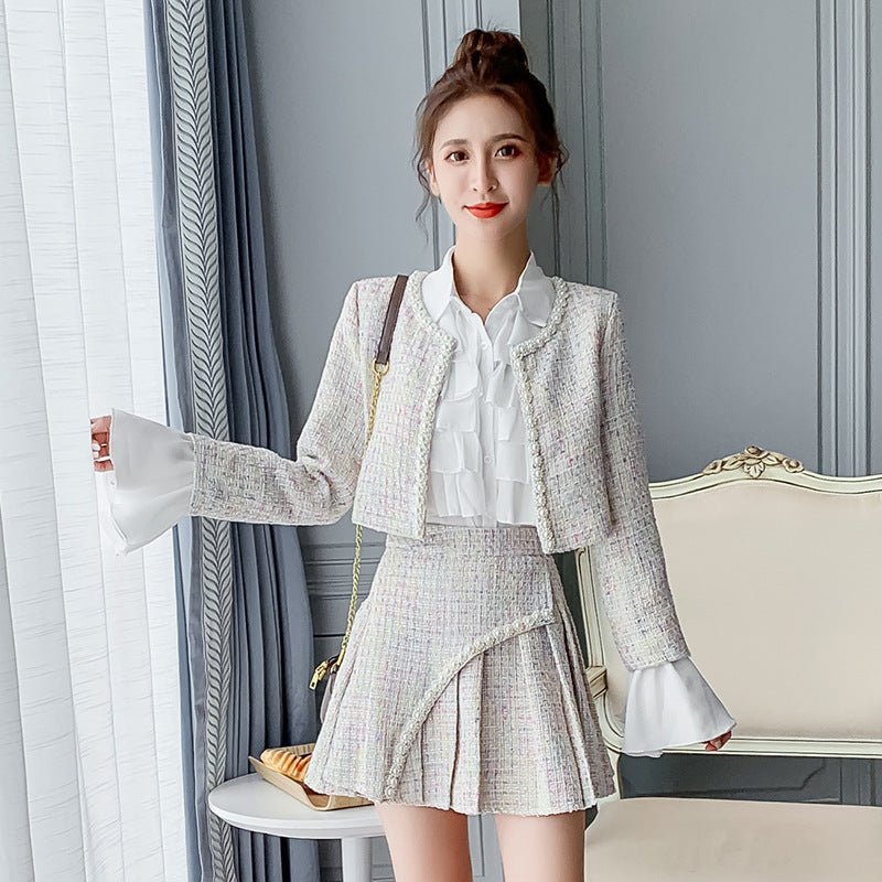 Nouvel ensemble femme veste tweed jupe plissée et chemise - élégant et chic mode - IVOIRART.COM