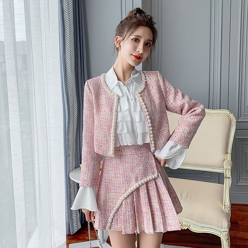 Nouvel ensemble femme veste tweed jupe plissée et chemise - élégant et chic mode - IVOIRART.COM