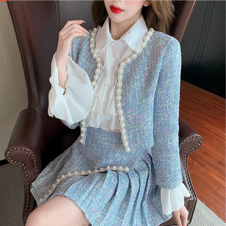 Nouvel ensemble femme veste tweed jupe plissée et chemise - élégant et chic mode - IVOIRART.COM