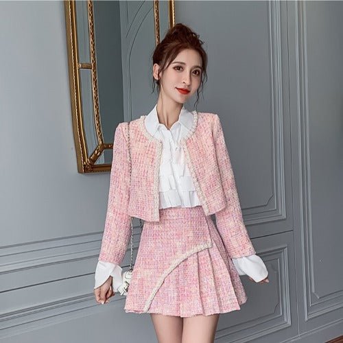 Nouvel ensemble femme veste tweed jupe plissée et chemise - élégant et chic mode - IVOIRART.COM