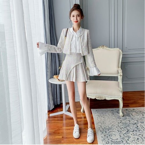 Nouvel ensemble femme veste tweed jupe plissée et chemise - élégant et chic mode - IVOIRART.COM