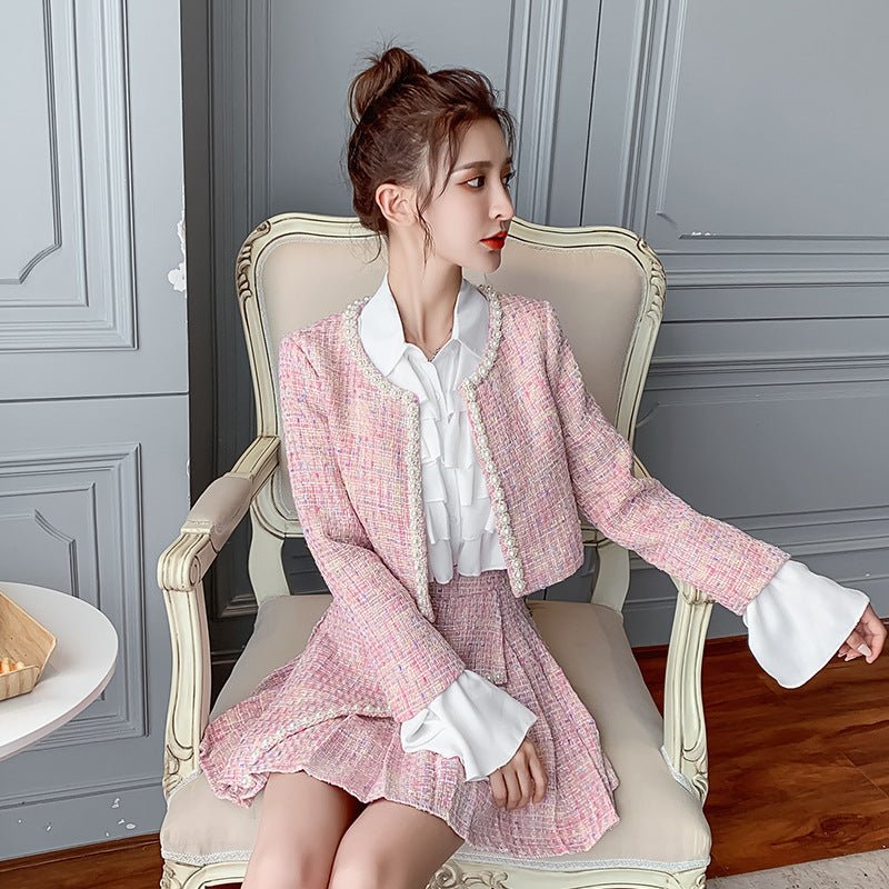 Nouvel ensemble femme veste tweed jupe plissée et chemise - élégant et chic mode - IVOIRART.COM