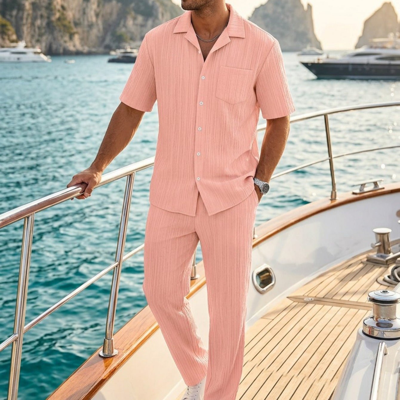 Nouvel ensemble homme : chemise unie à boutons et pantalon coordonné tendance - IVOIRART.COM