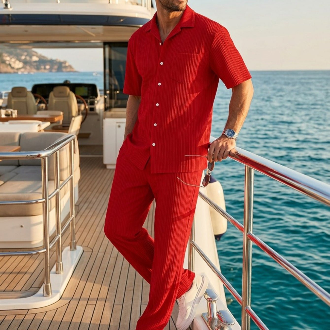 Nouvel ensemble homme : chemise unie à boutons et pantalon coordonné tendance - IVOIRART.COM