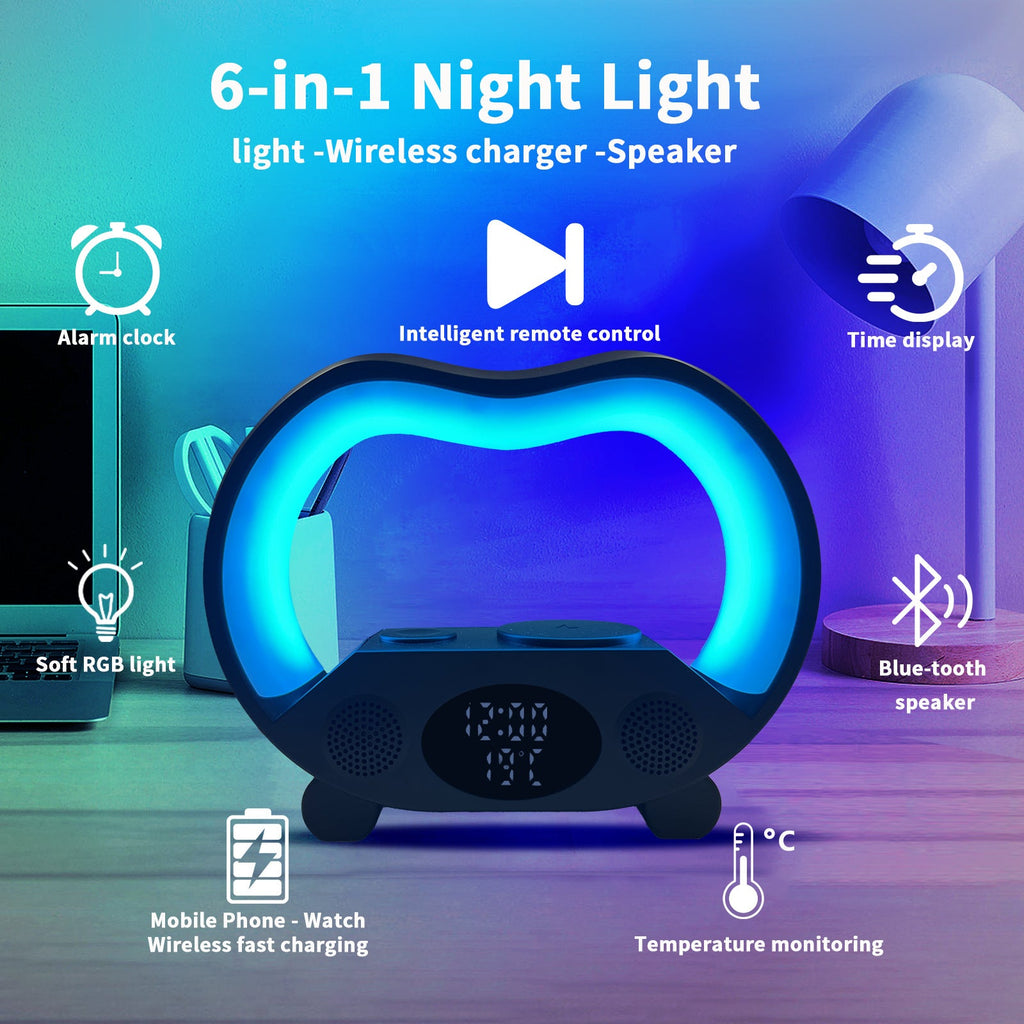 Nouvelle lampe de table LED intelligente 6-en-1 avec télécommande Bluetooth, chargeur sans fil multifonction, haut-parleur et ambiance lumineuse - IVOIRART.COM