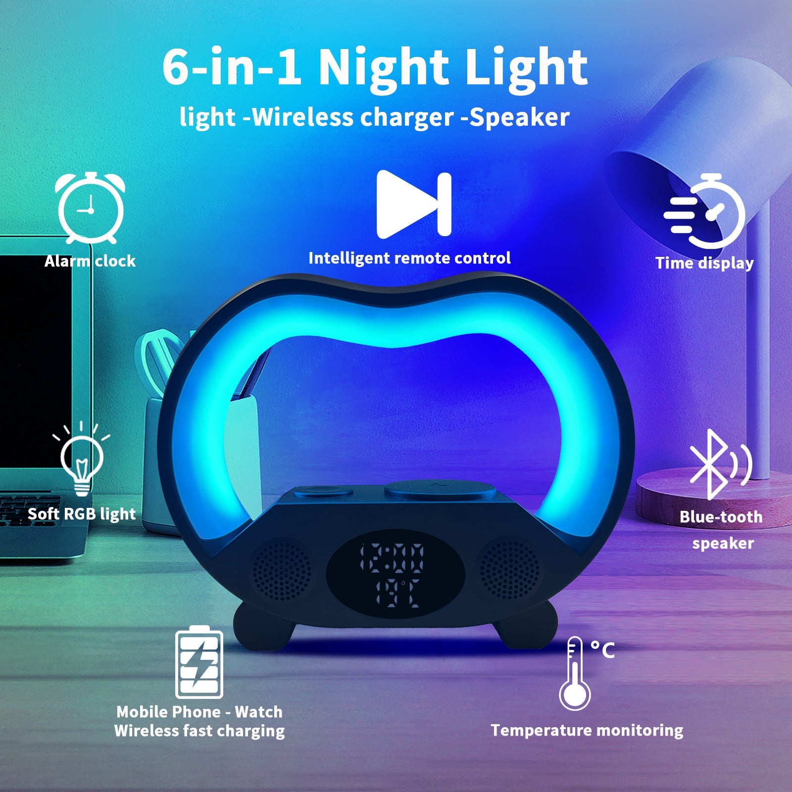 Nouvelle lampe de table LED intelligente 6-en-1 avec télécommande Bluetooth, chargeur sans fil multifonction, haut-parleur et ambiance lumineuse - IVOIRART.COM