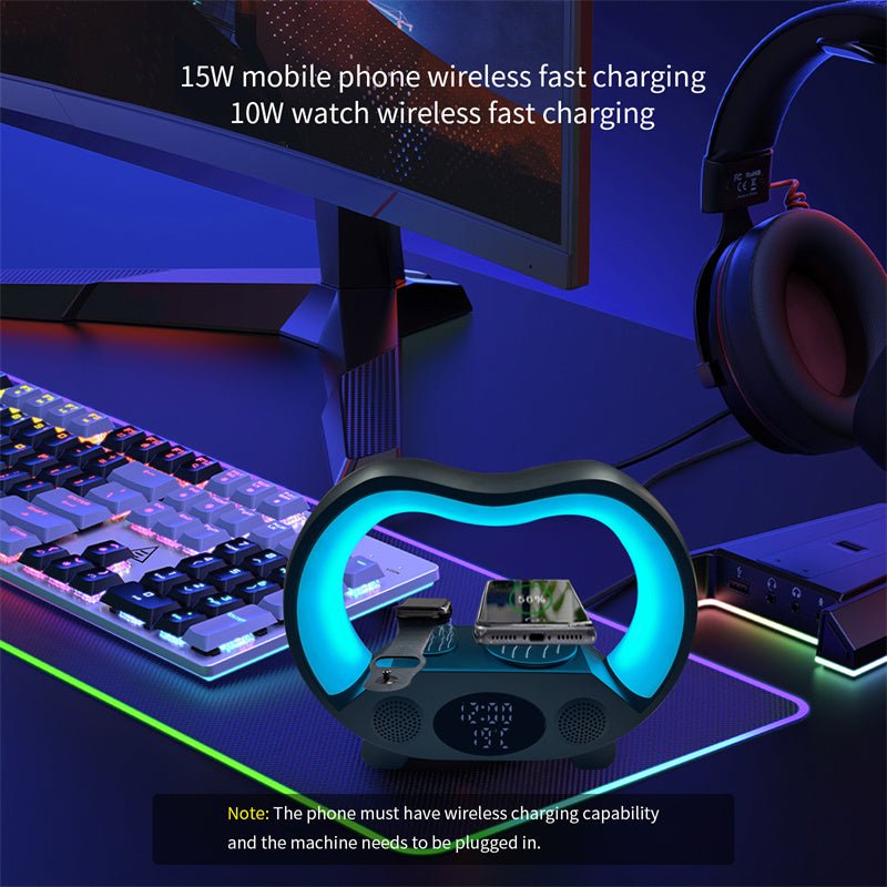 Nouvelle lampe de table LED intelligente 6-en-1 avec télécommande Bluetooth, chargeur sans fil multifonction, haut-parleur et ambiance lumineuse - IVOIRART.COM