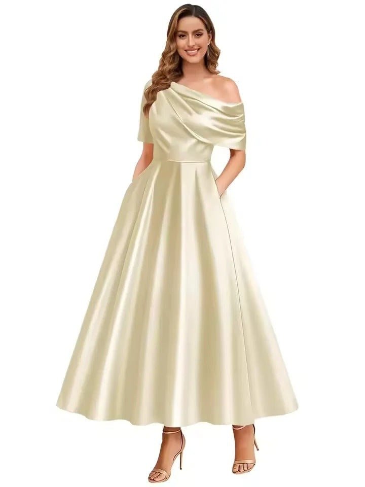 Nouvelle Robe Satinée Élégante et Sophistiquée, Couleur Unie, Épaules Dénudées - IVOIRART.COM