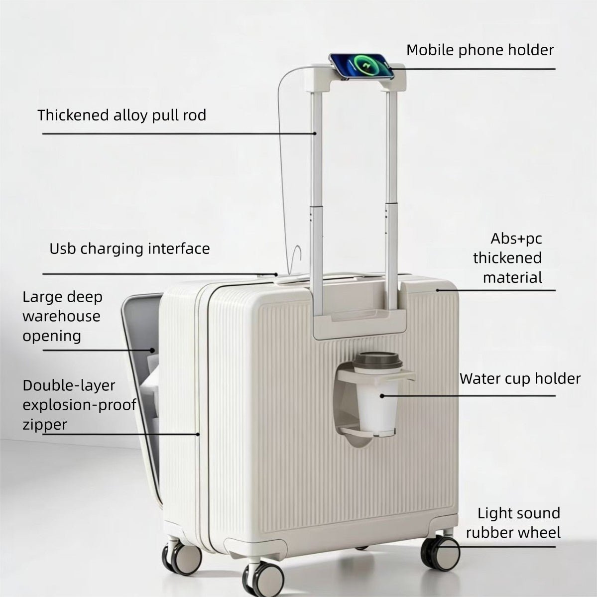 Nouvelle Valise de Voyage 20 Pouces, Ouverture Latérale, USB, Porte-gobelet - IVOIRART.COM