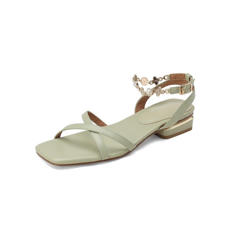 Nouvelles Sandales à Bride Carrée en Cuir de Vachette, Talon Bas, Grandes et Petites Tailles - IVOIRART.COM