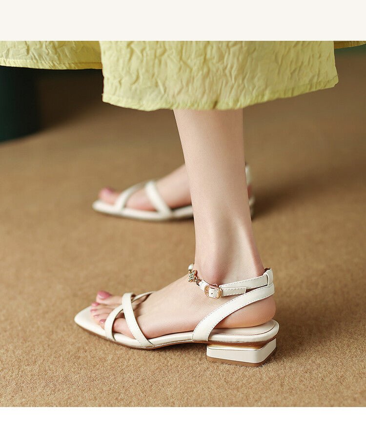 Nouvelles Sandales à Bride Carrée en Cuir de Vachette, Talon Bas, Grandes et Petites Tailles - IVOIRART.COM