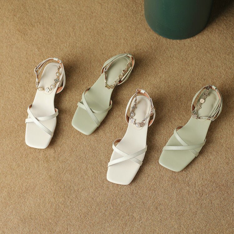 Nouvelles Sandales à Bride Carrée en Cuir de Vachette, Talon Bas, Grandes et Petites Tailles - IVOIRART.COM