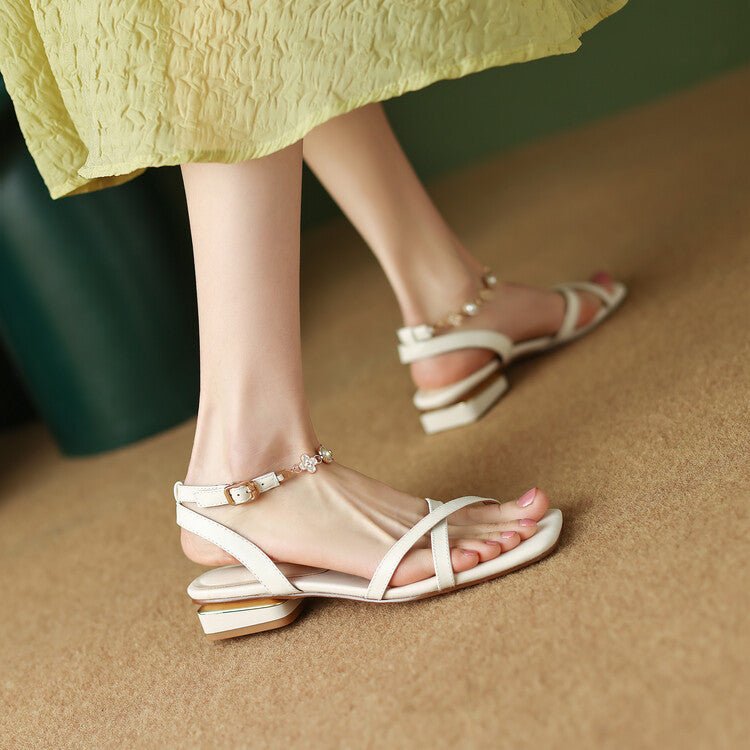 Nouvelles Sandales à Bride Carrée en Cuir de Vachette, Talon Bas, Grandes et Petites Tailles - IVOIRART.COM