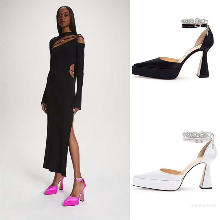 Nouvelles Sandales à Talons Épais à Bride et Bout Pointu Ornées de Strass - IVOIRART.COM