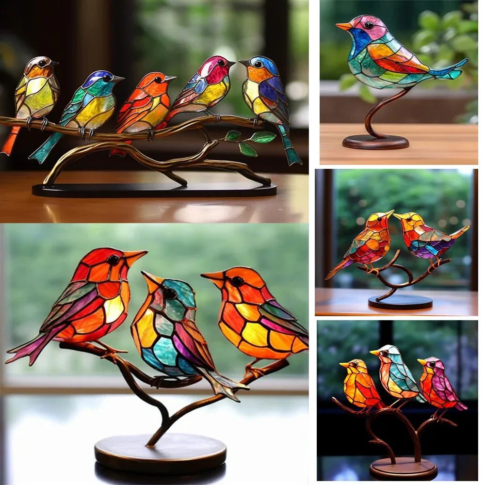 Ornements d’oiseaux en acrylique teinté sur branche pour bureau et déco maison - IVOIRART.COM