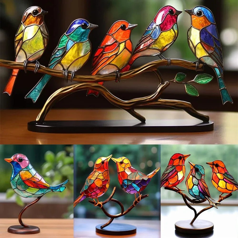Ornements d’oiseaux en acrylique teinté sur branche pour bureau et déco maison - IVOIRART.COM