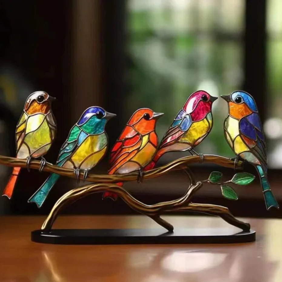 Ornements d’oiseaux en acrylique teinté sur branche pour bureau et déco maison - IVOIRART.COM