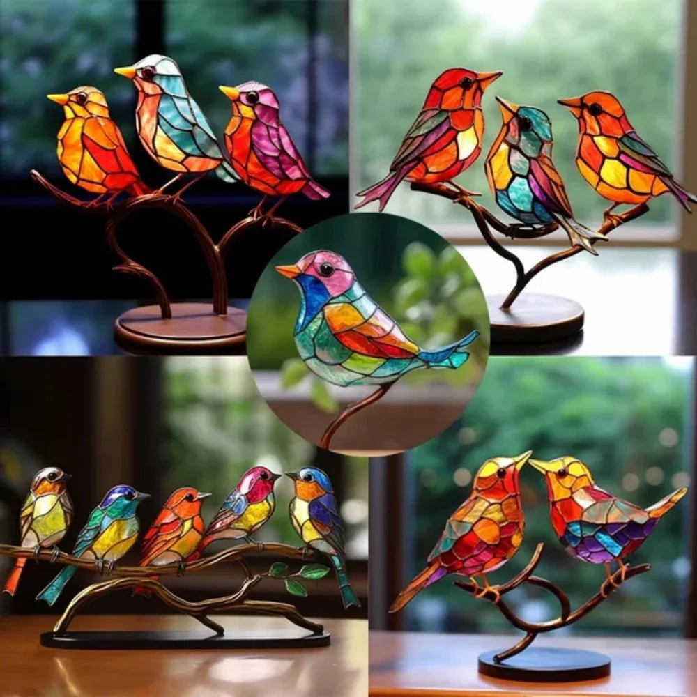 Ornements d’oiseaux en acrylique teinté sur branche pour bureau et déco maison - IVOIRART.COM
