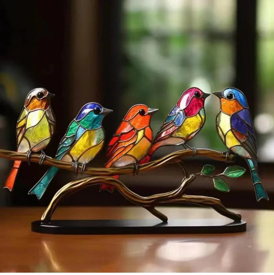 Ornements d’oiseaux en acrylique teinté sur branche pour bureau et déco maison - IVOIRART.COM