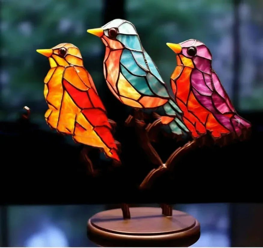 Ornements d’oiseaux en acrylique teinté sur branche pour bureau et déco maison - IVOIRART.COM