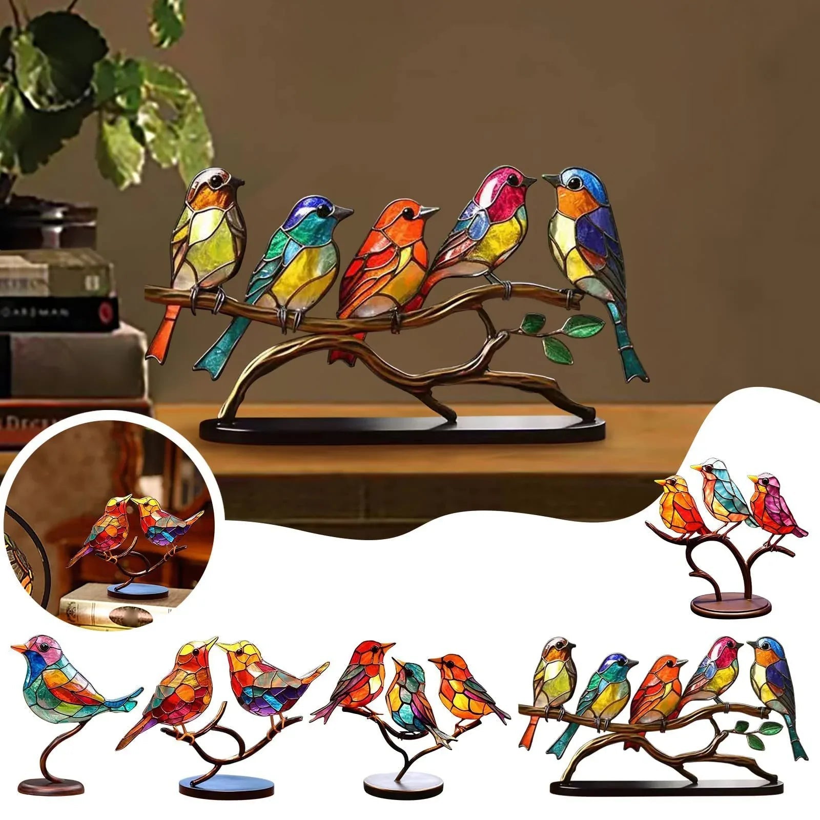 Ornements d’oiseaux en acrylique teinté sur branche pour bureau et déco maison - IVOIRART.COM