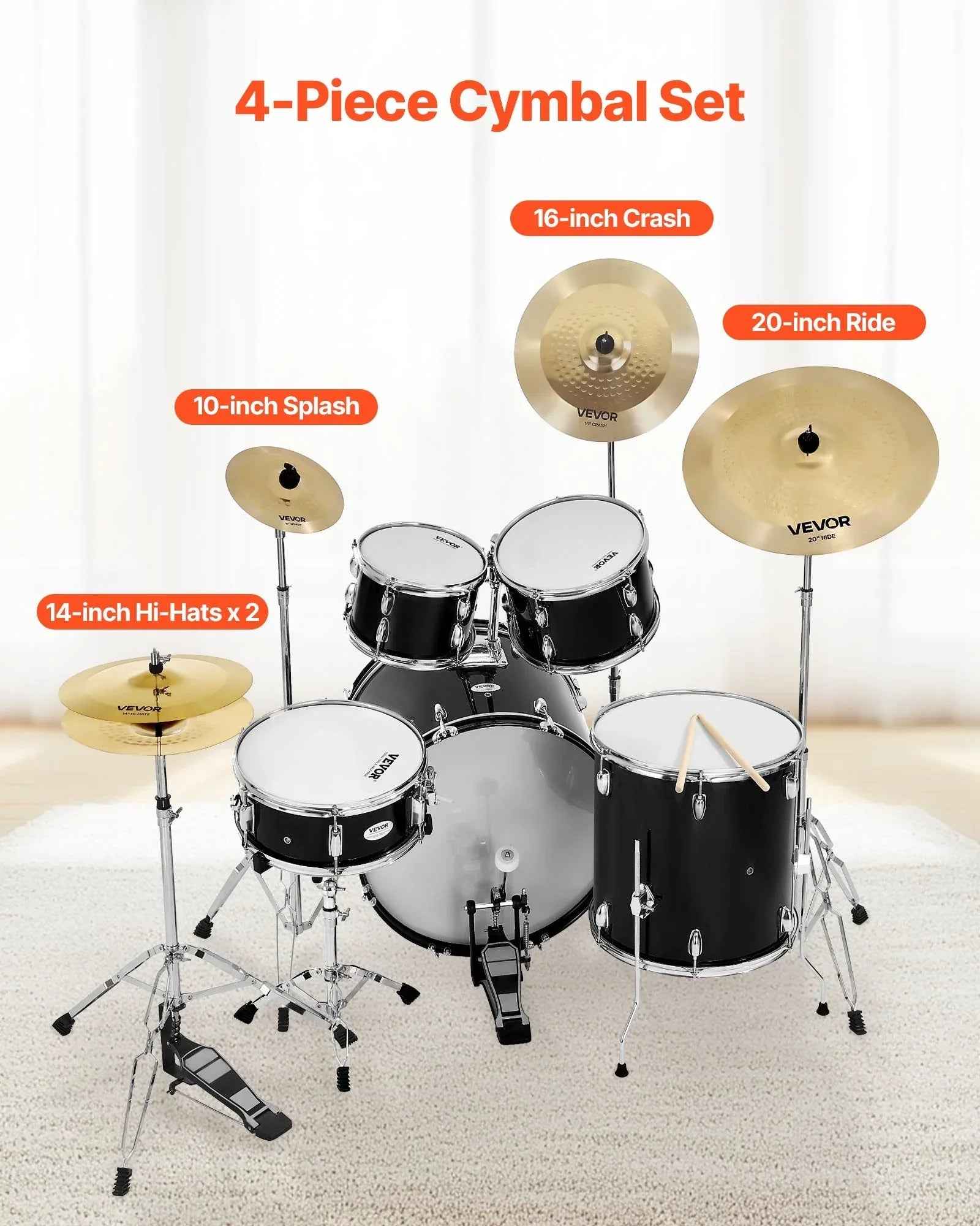 Pack de cymbales, 4 pièces pour batterie - cymbales en alliage avec hi - hats 14 - IVOIRART.COM