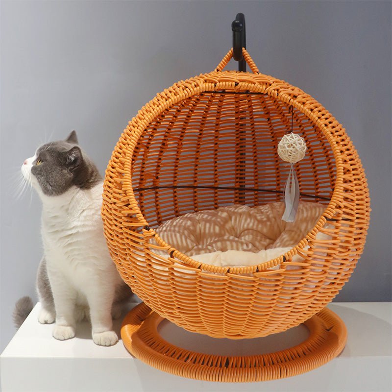 Panier suspendu en rotin pour chat nid semi-fermé été quatre saisons taille L - IVOIRART.COM