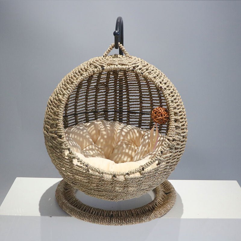 Panier suspendu en rotin pour chat nid semi-fermé été quatre saisons taille L - IVOIRART.COM