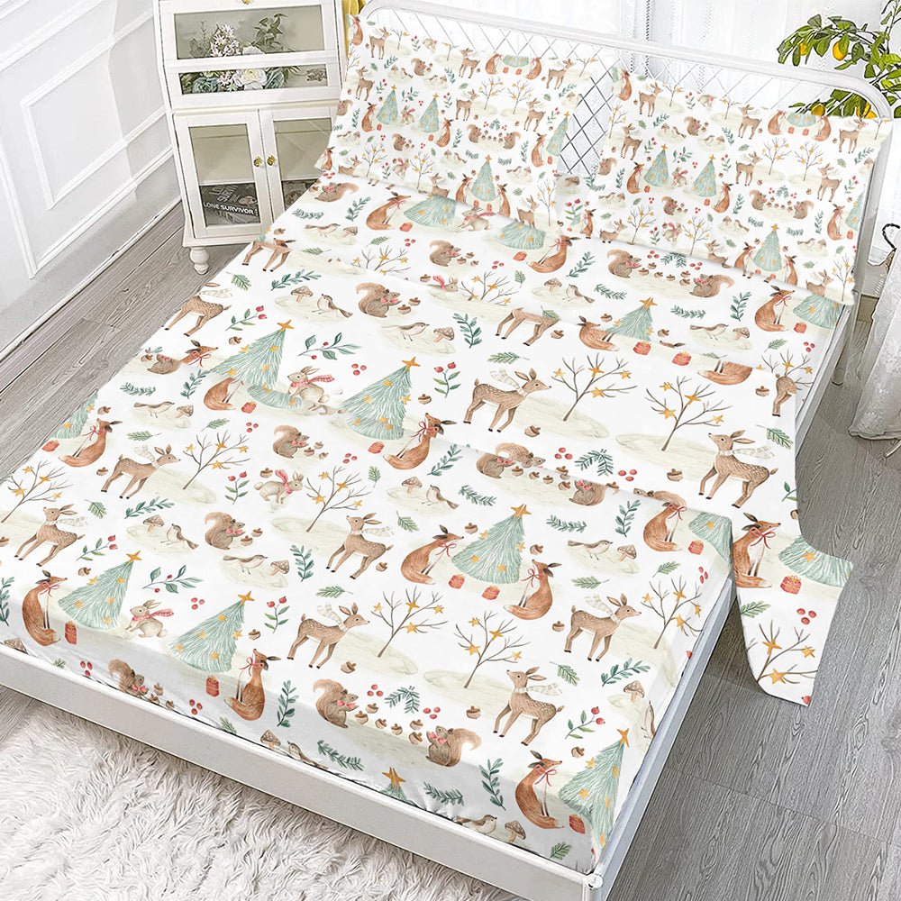 Parure de Draps Enfants - 4 Pièces Microfibre Douce Motifs Cerf et Renard, Draps Profonds Respirants, Animaux de la Forêt pour Garçons et Filles - IVOIRART.COM