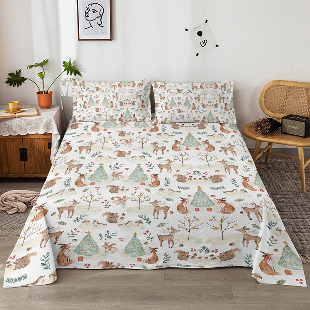 Parure de Draps Enfants - 4 Pièces Microfibre Douce Motifs Cerf et Renard, Draps Profonds Respirants, Animaux de la Forêt pour Garçons et Filles - IVOIRART.COM
