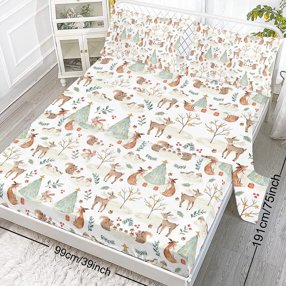 Parure de Draps Enfants - 4 Pièces Microfibre Douce Motifs Cerf et Renard, Draps Profonds Respirants, Animaux de la Forêt pour Garçons et Filles - IVOIRART.COM
