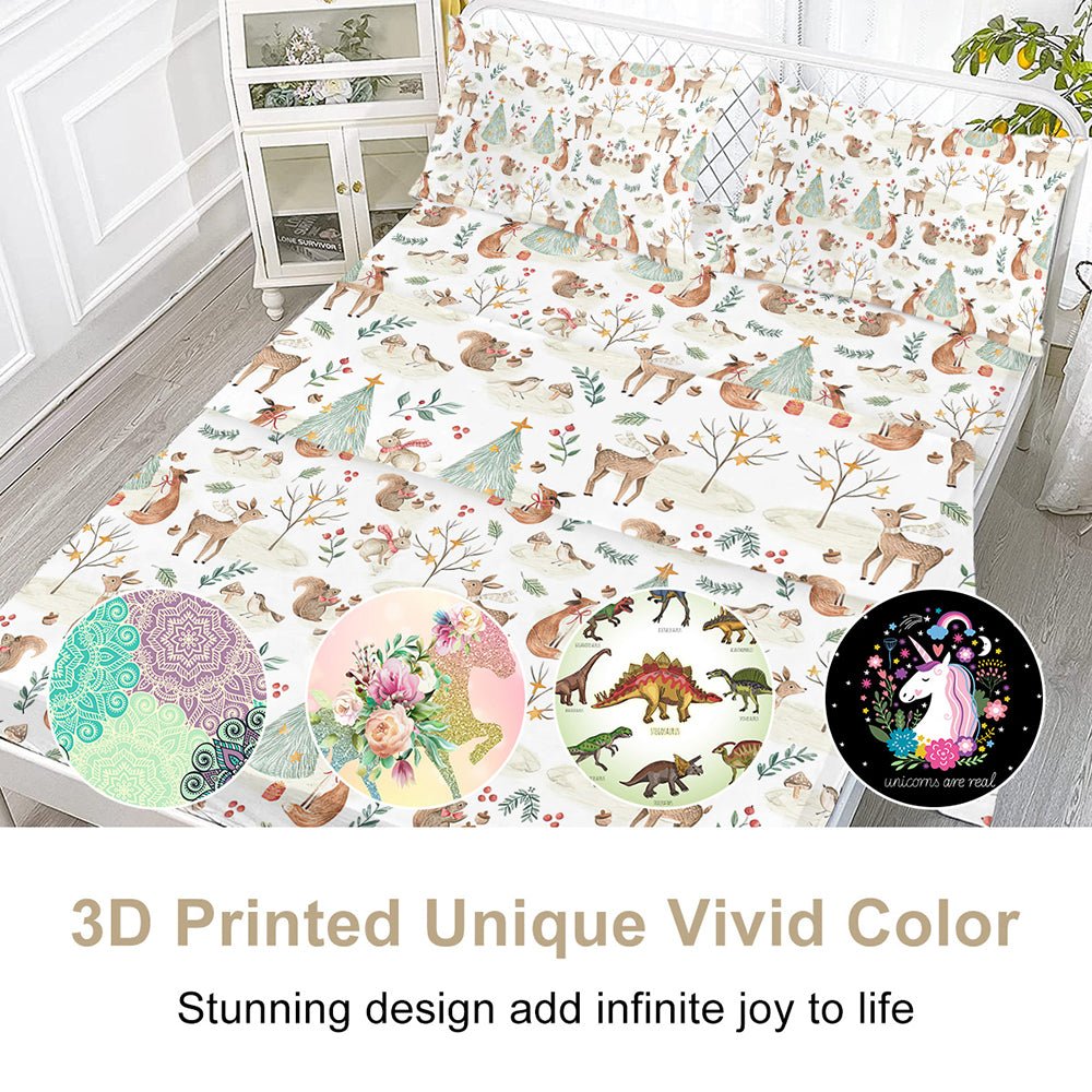 Parure de Draps Enfants - 4 Pièces Microfibre Douce Motifs Cerf et Renard, Draps Profonds Respirants, Animaux de la Forêt pour Garçons et Filles - IVOIRART.COM