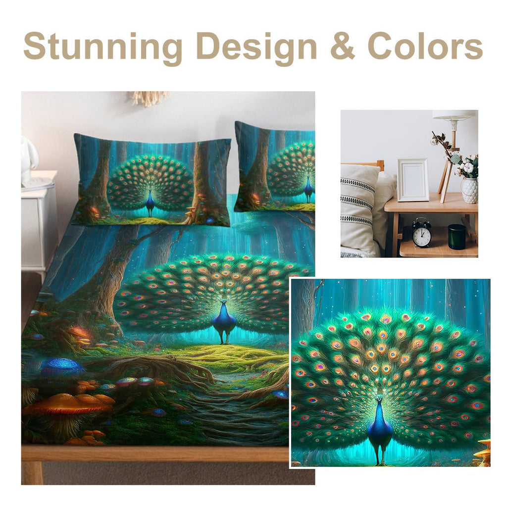 Parure de draps imprimée Paon Vert forêt mystique, drap - housse profond, déco chambre, motif champignons colorés, 3 pièces - IVOIRART.COM