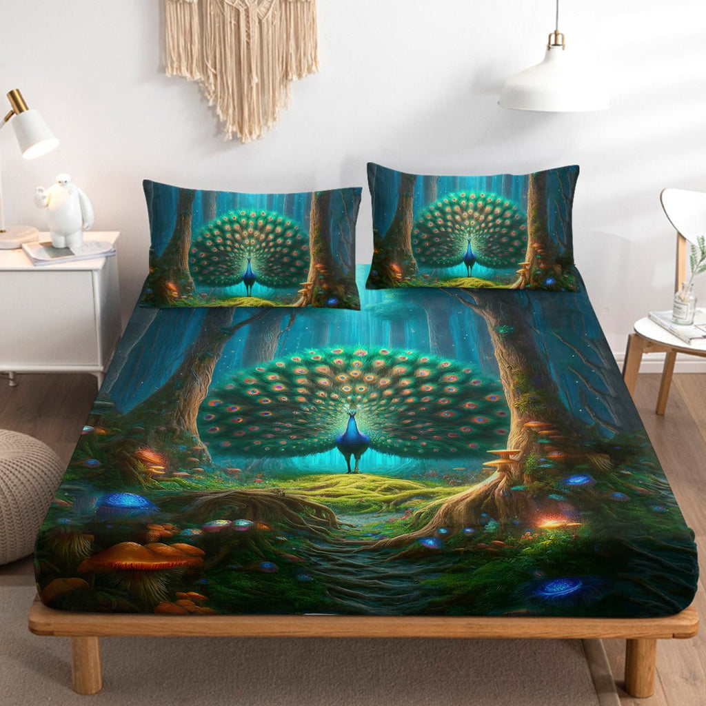 Parure de draps imprimée Paon Vert forêt mystique, drap - housse profond, déco chambre, motif champignons colorés, 3 pièces - IVOIRART.COM