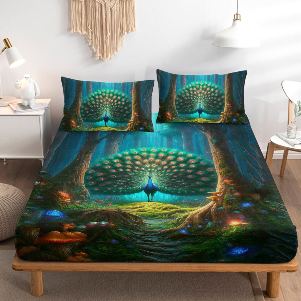 Parure de draps imprimée Paon Vert forêt mystique, drap - housse profond, déco chambre, motif champignons colorés, 3 pièces - IVOIRART.COM