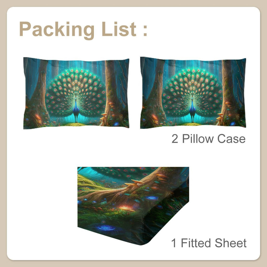 Parure de draps imprimée Paon Vert forêt mystique, drap - housse profond, déco chambre, motif champignons colorés, 3 pièces - IVOIRART.COM